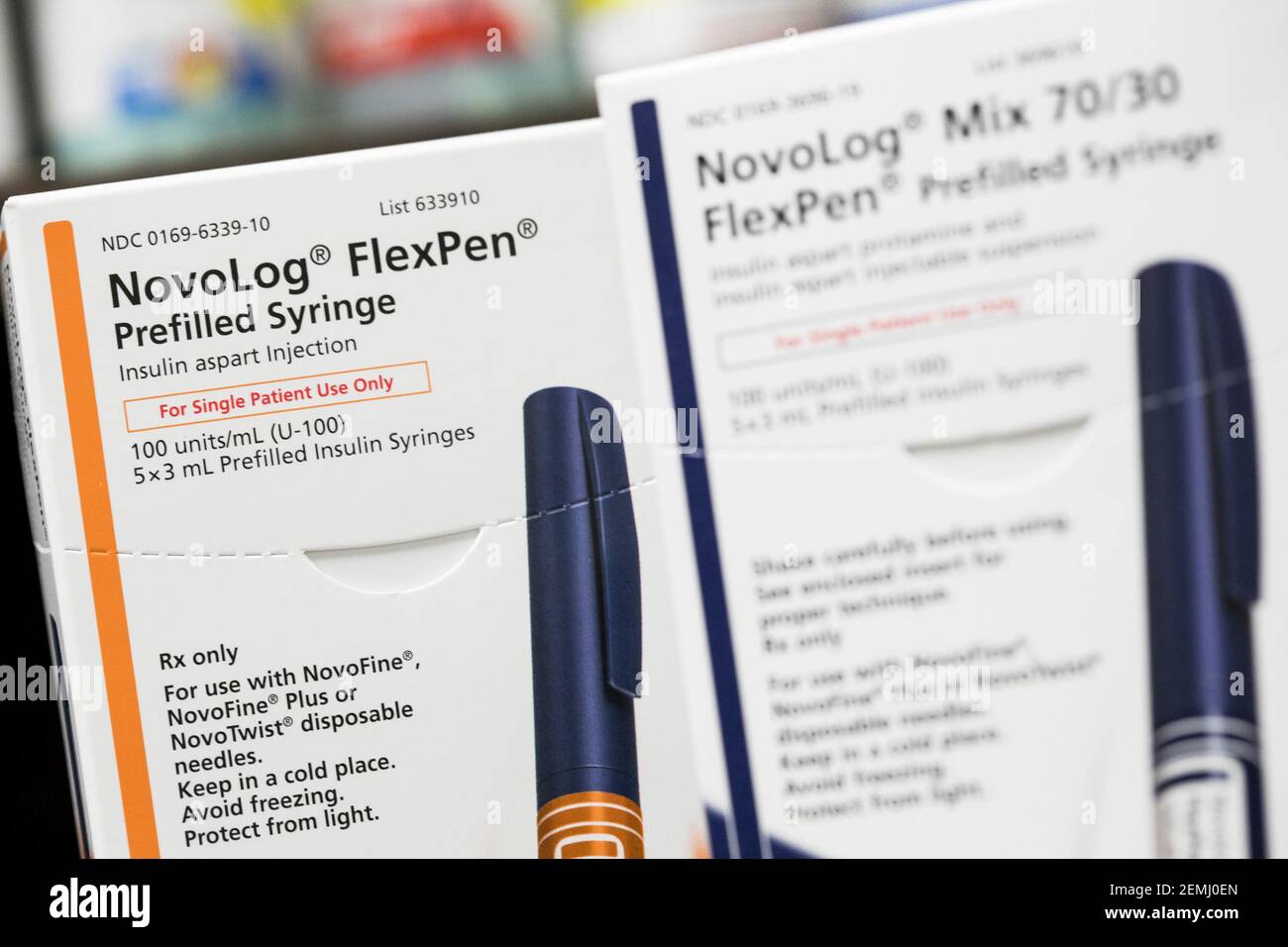 Packages of NovoLog insulin injectors, manufactured by Novo Nordisk