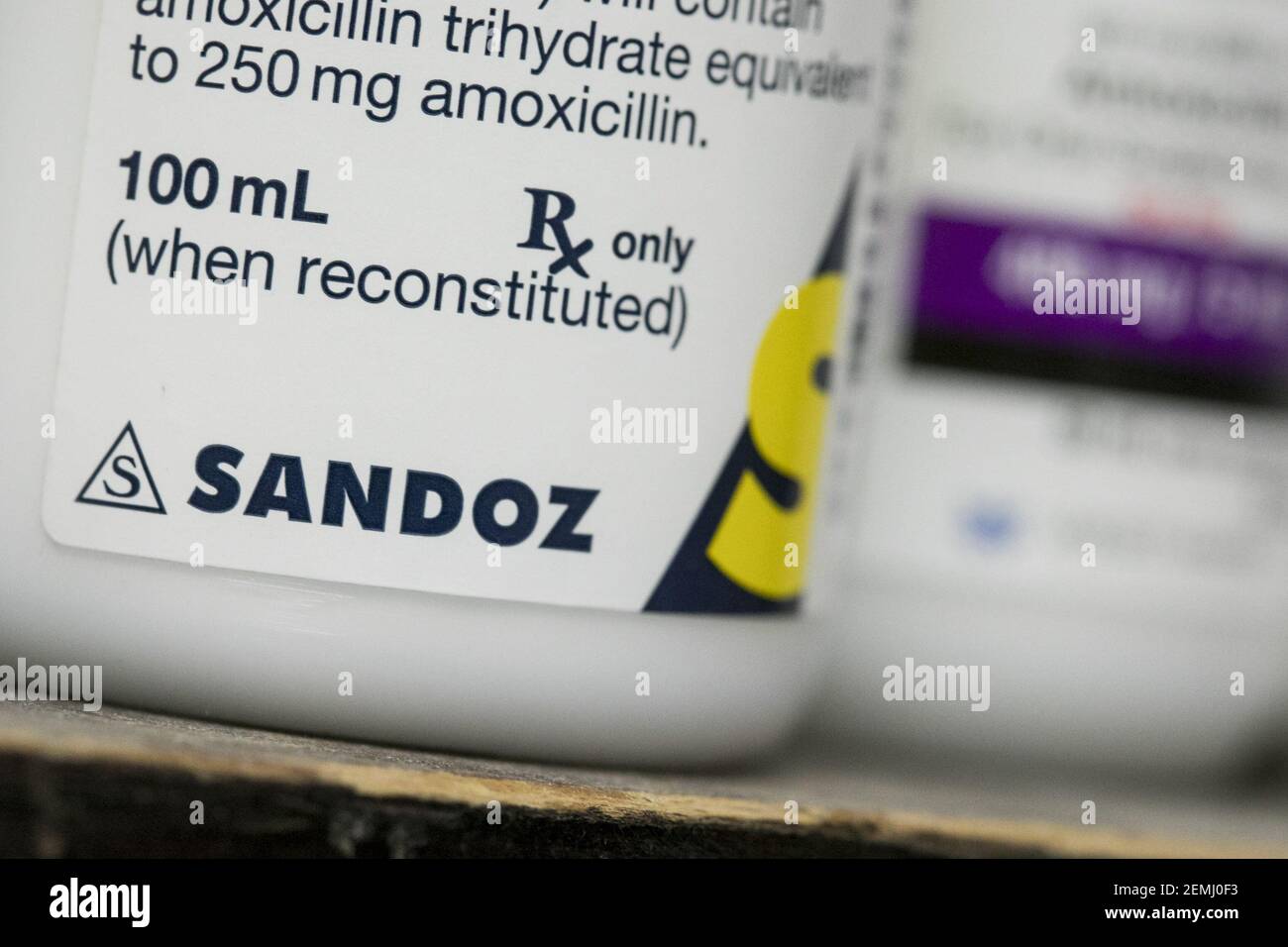 A Sandoz logo is seen on prescription pharmaceutical packaging