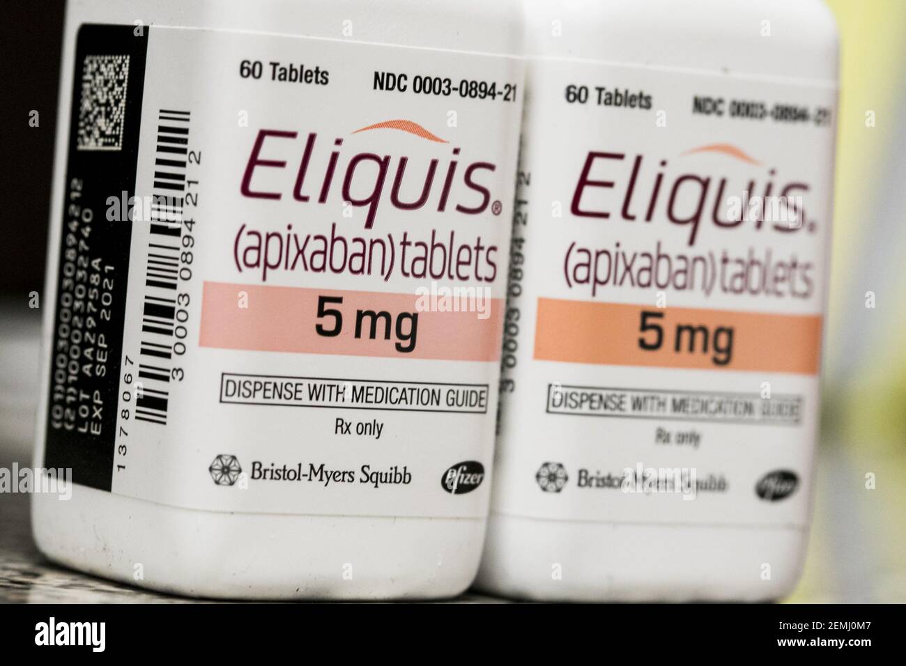Bottles of Eliquis (Apixaban) prescription pharmaceuticals photographed ...