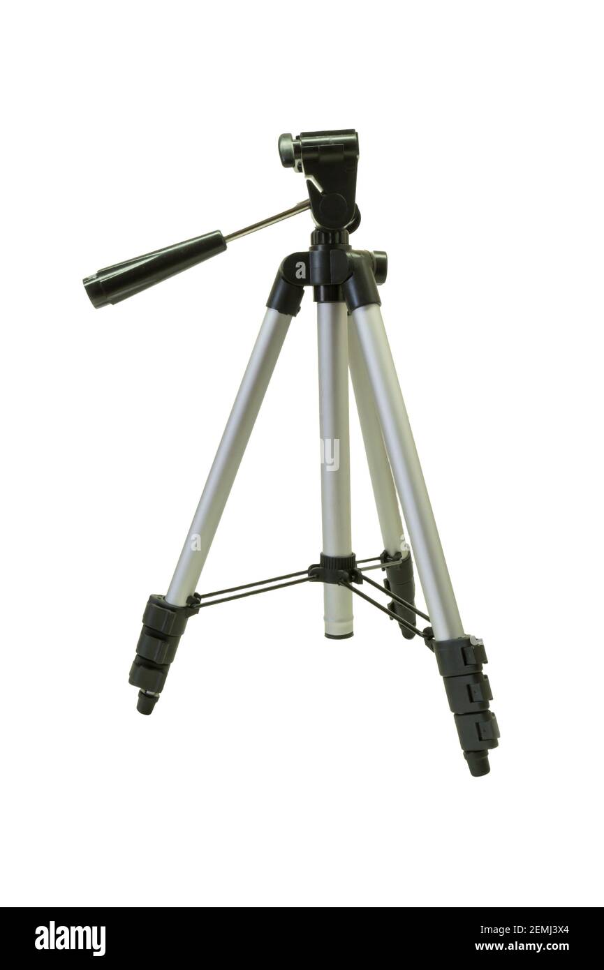 The camera tripod is isolated on a white background. A tool for