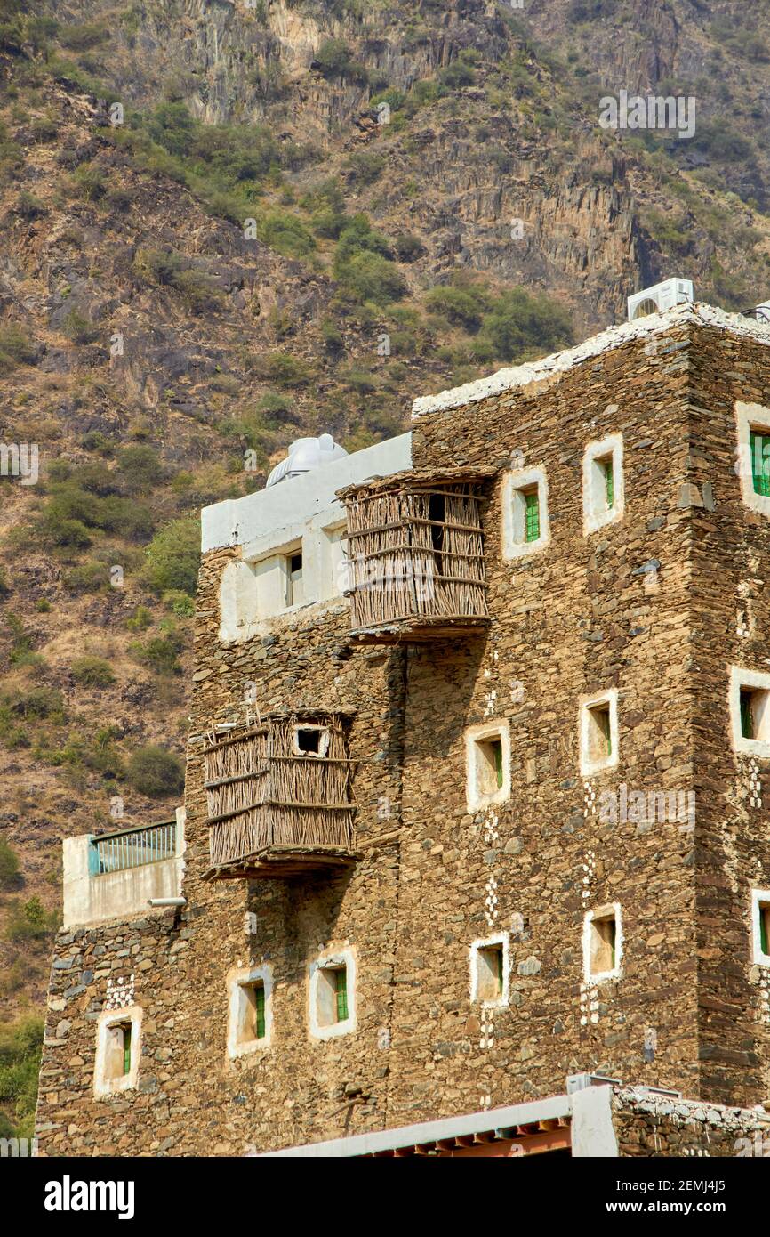 Rijal Alma is an ancient Aseeri village located just 20 kilometers flying distance west of Abha Stock Photo