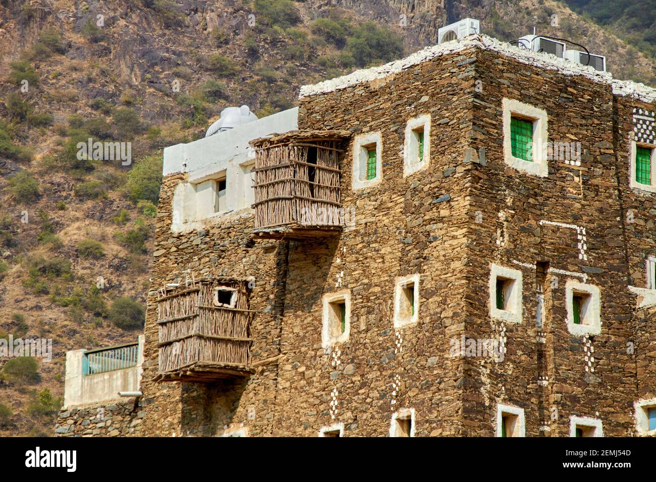 Rijal Alma is an ancient Aseeri village located just 20 kilometers flying distance west of Abha Stock Photo