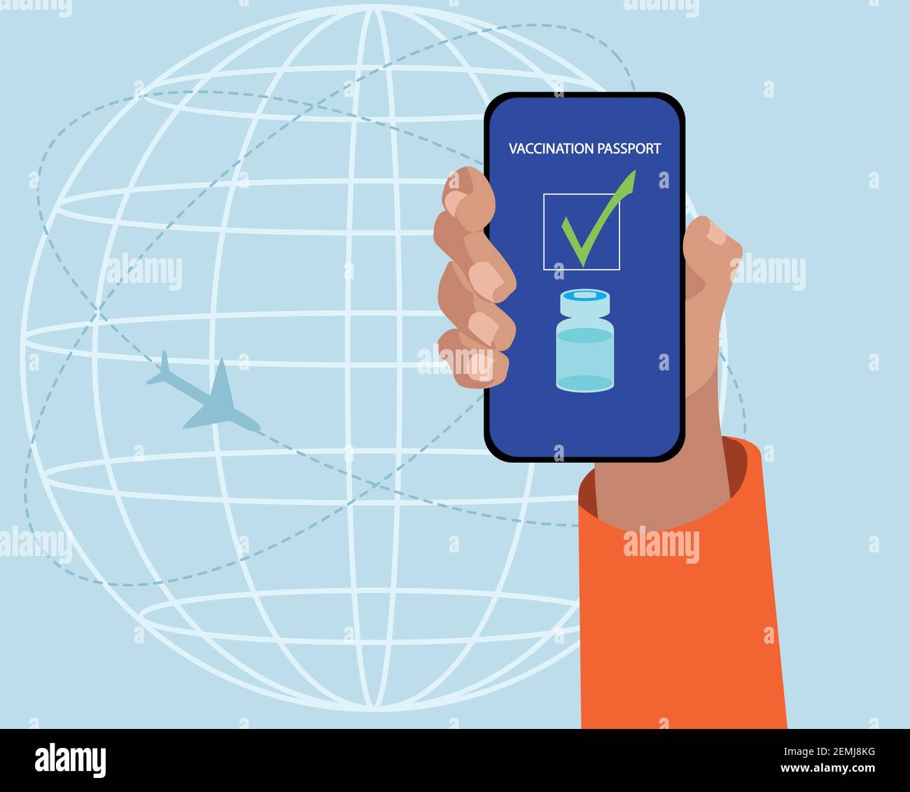 One hand showing the vaccination passport in the smartphone. Vector illustration Stock Vector
