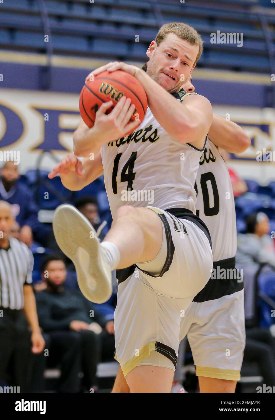 February 2, 2019: Emporia State Forward Duncan Fort (14) grabs a rebound during a basketball game between the Emporia State Hornets and the Central Oklahoma Bronchos at Hamilton Field House in Edmond, OK. Emporia State defeated Central Oklahoma 100-95. Gray Siegel/(Photo by Gray Siegel/CSM/Sipa USA) Stock Photo