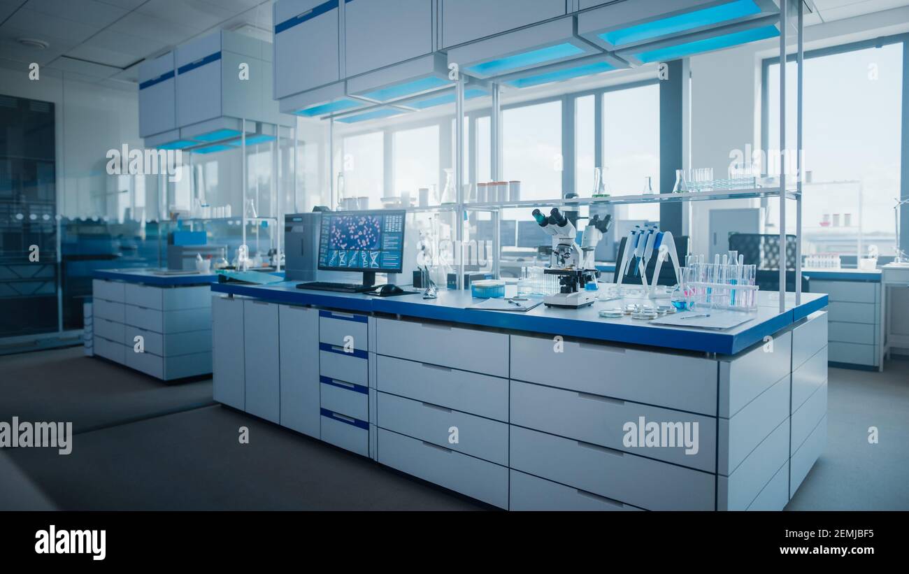 Modern Medical Research Laboratory with Computer, Microscope, Glassware