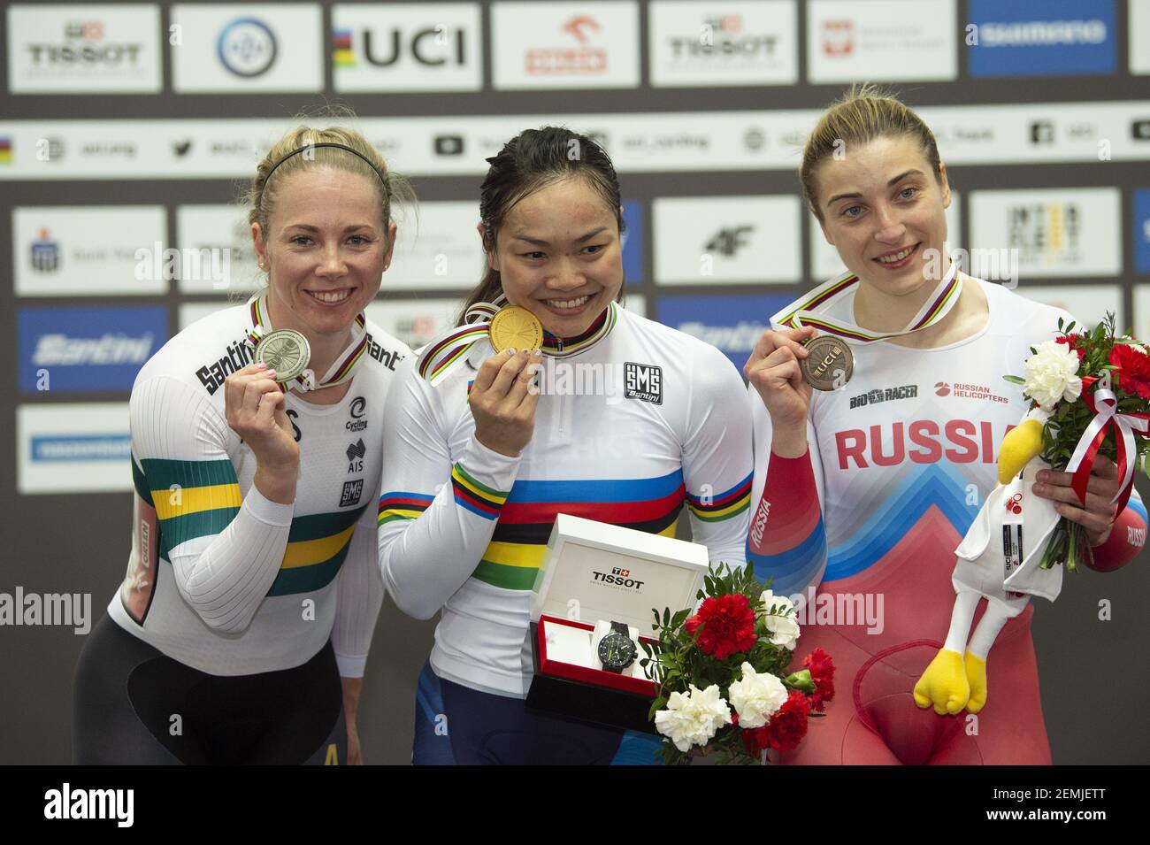 Wai Sze Lee of Hong Kong, (center) winner of the women's kierin at the UCI  Track World Championships. Kaarle McCulloch of Australia in second(L) and  Daria Shmeleva of Russia (R) in third. (