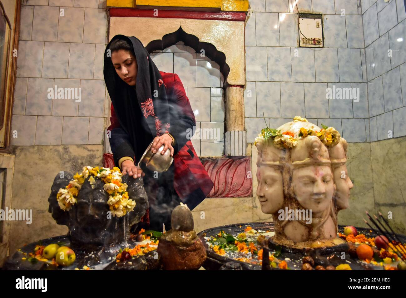 A Hindu devotee seen pouring milk over a Shiva Lingam, a stone ...