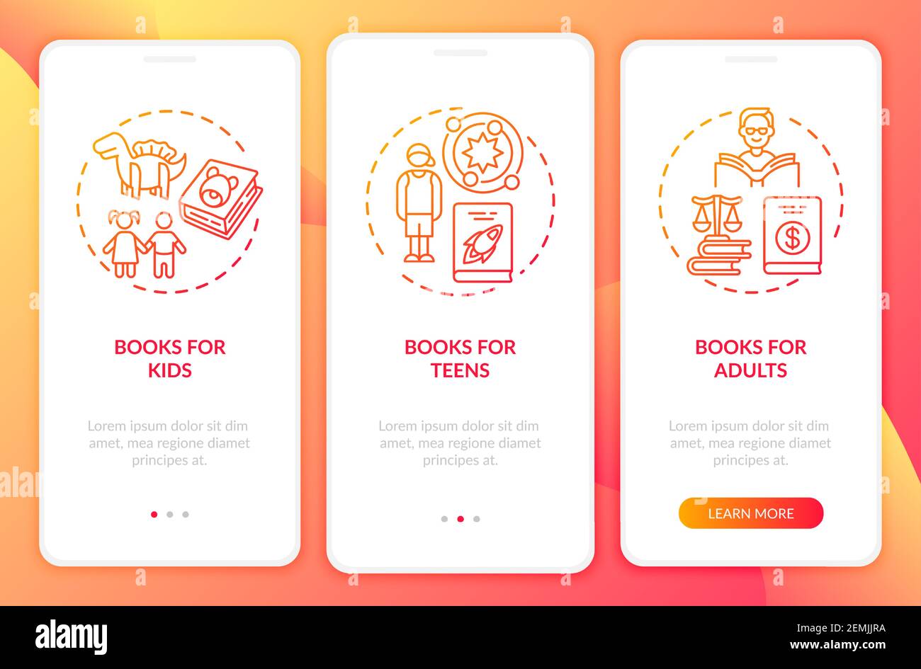 Online library categories onboarding mobile app page screen with concepts Stock Vector