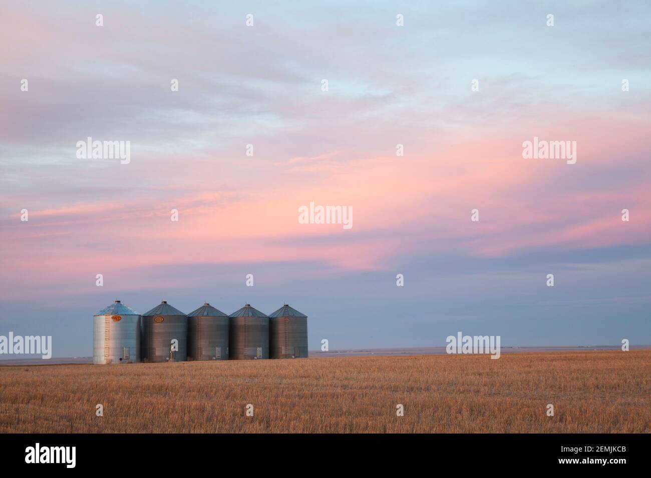 Lone group of grain silos set against an evening sky in the open landscape of eastern Montana. Stock Photo