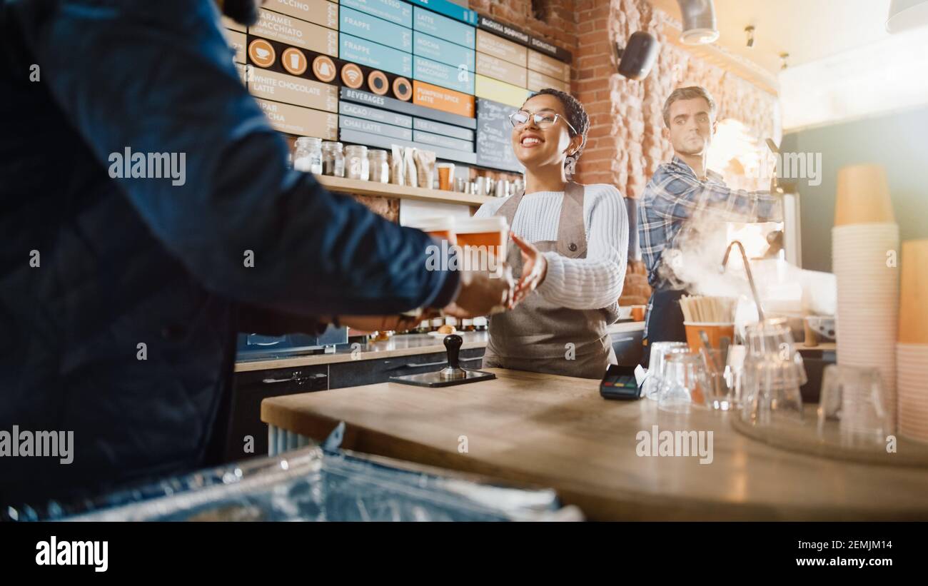 Black African American Food Delivery Courier Picking Up Two Take Away