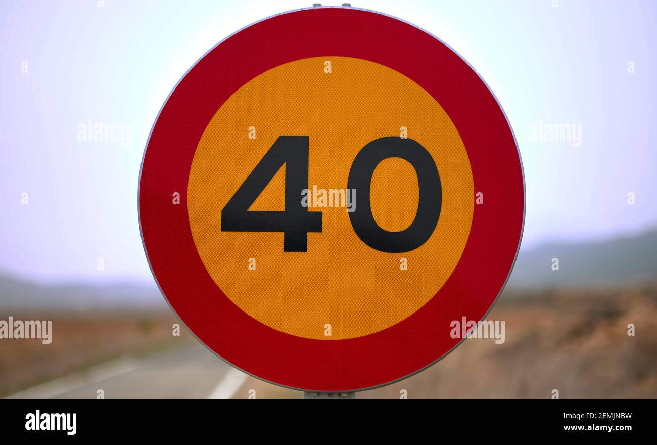 detail of a temporary traffic sign prohibiting traffic over 40 km/h ...