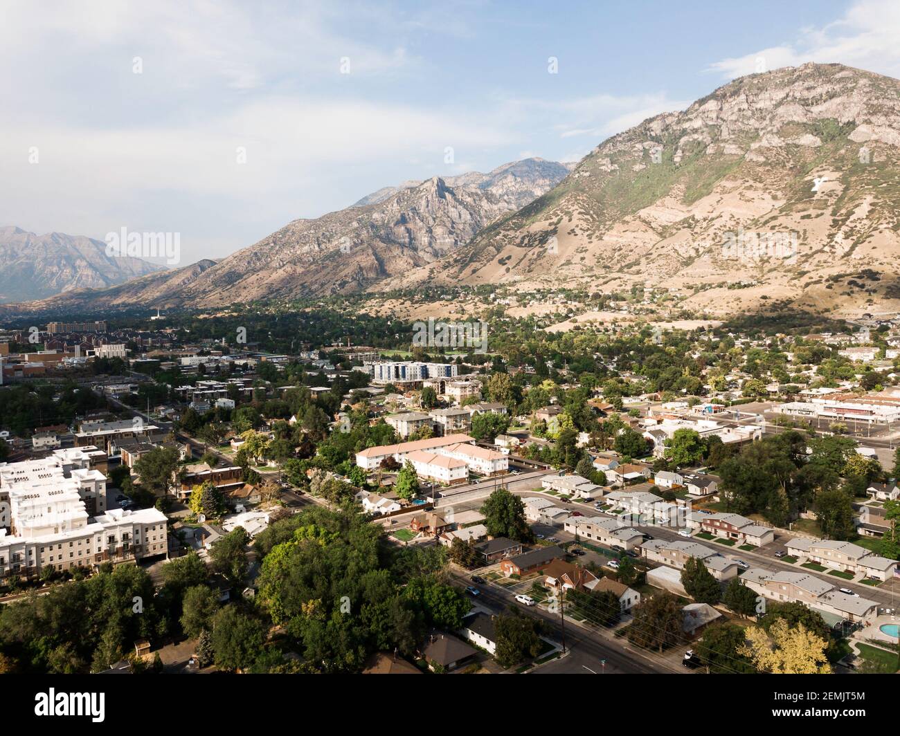 Aerial view of Provo City, Utah, Y Mountain, Brigham Young University, and surrounded neighborhoods Stock Photo
