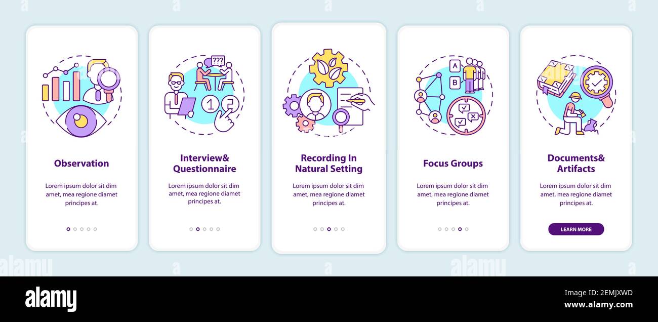 Qualitative research techniques onboarding mobile app page screen with concepts Stock Vector