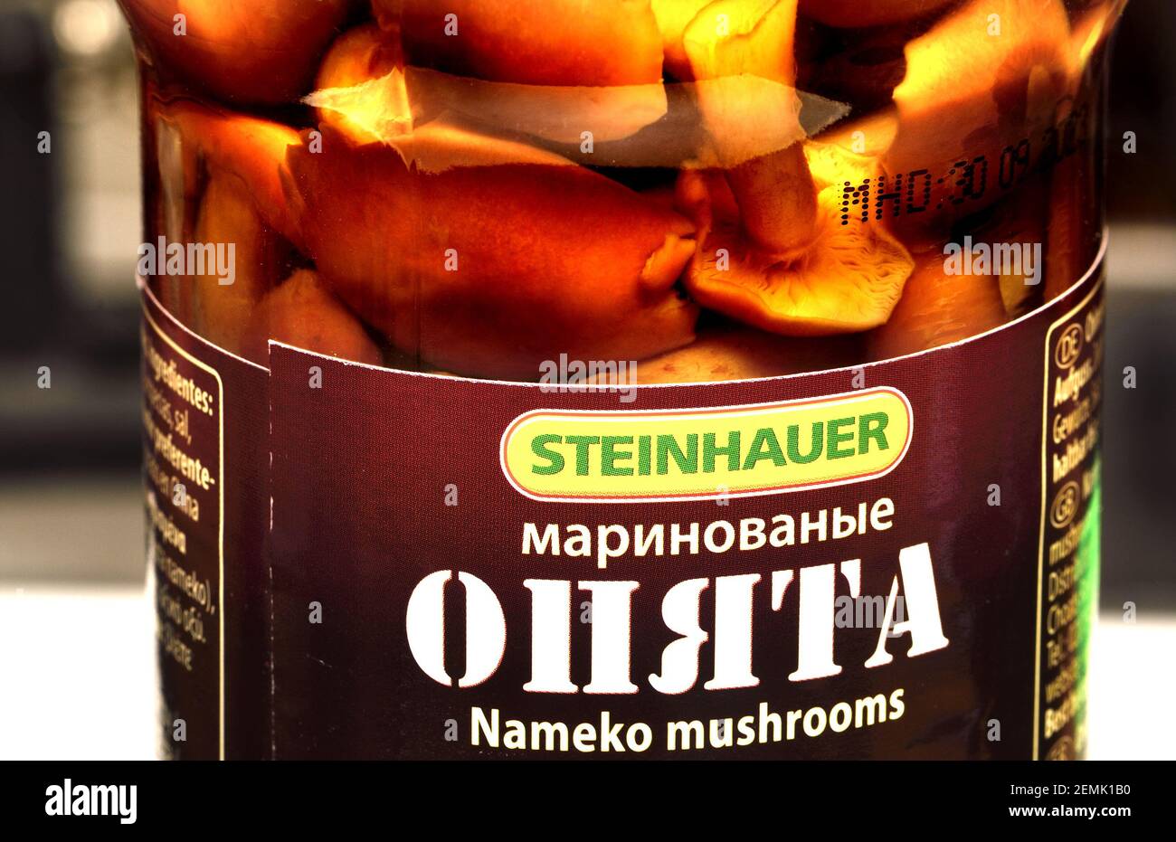 Jar of Steinhauer marinated Nameko mushrooms with Russian language label Stock Photo
