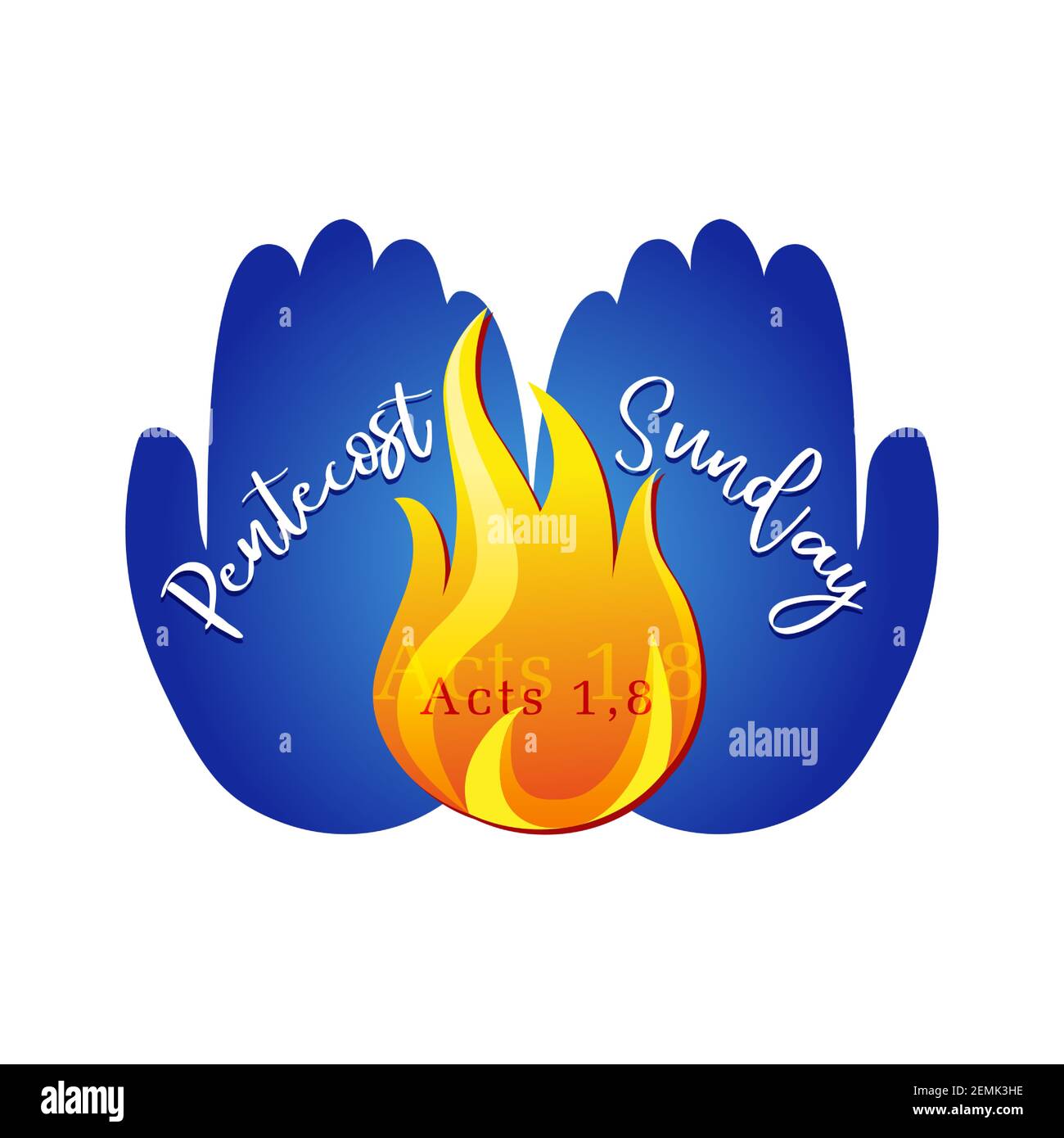 Pentecost Sunday congrats. Fire in hands logo concept. Creative sign and calligraphic text. Holiday greeting card. Abstract isolated graphic design te Stock Vector