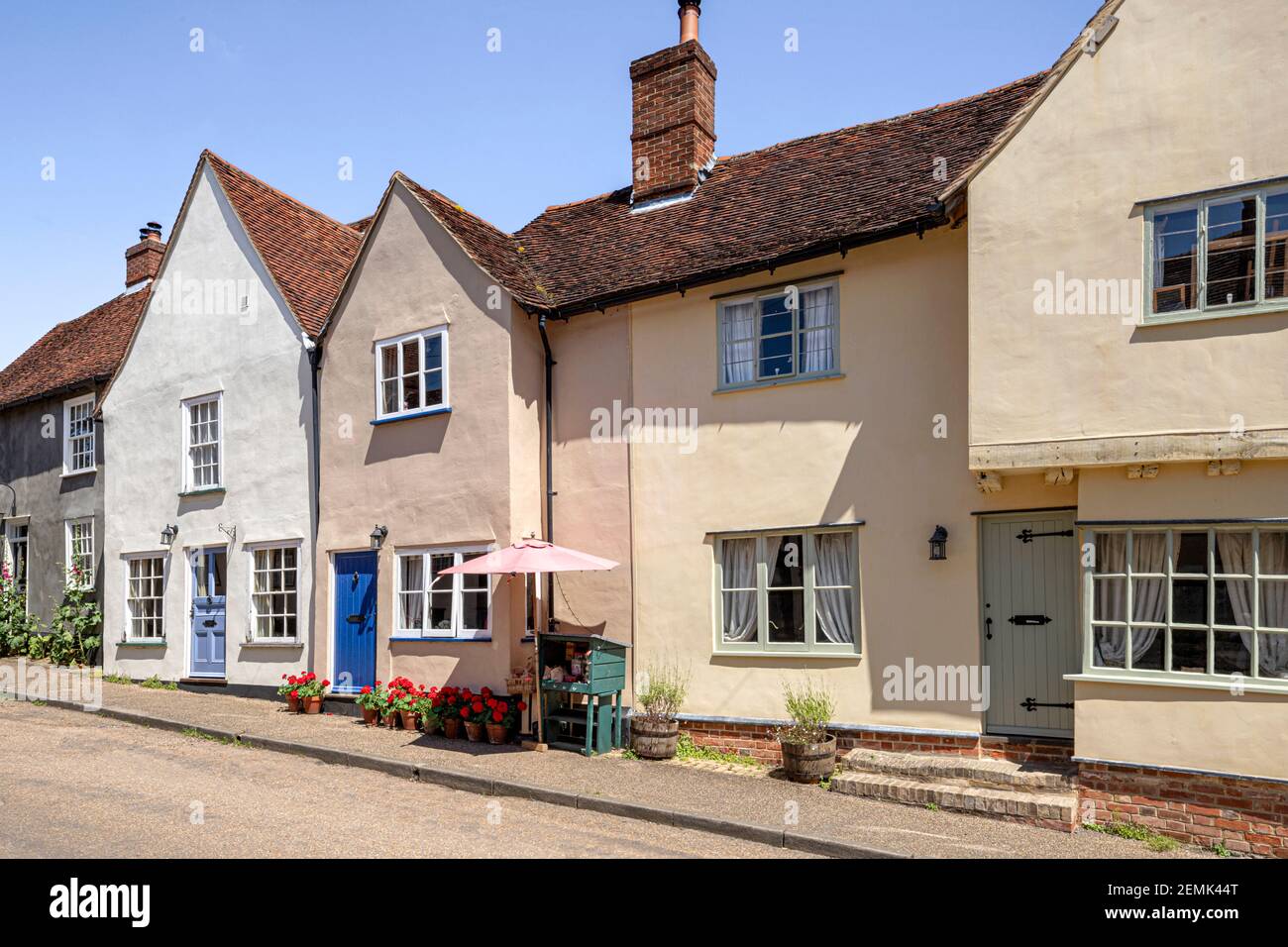 Colourful cottages in the main street of the famous beautiful village of Kersey, Suffolk UK Stock Photo