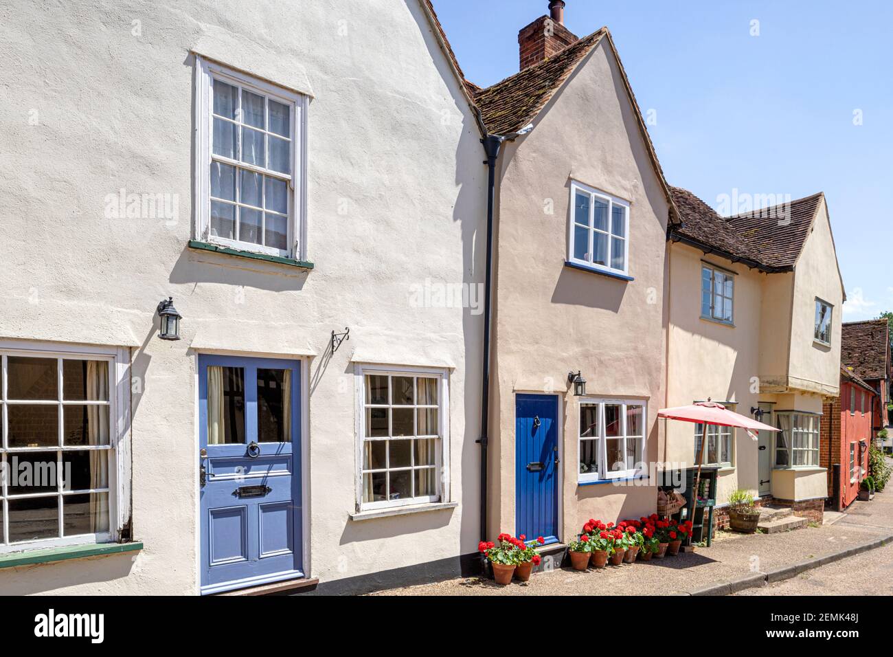 Colourful cottages in the main street of the famous beautiful village of Kersey, Suffolk UK Stock Photo