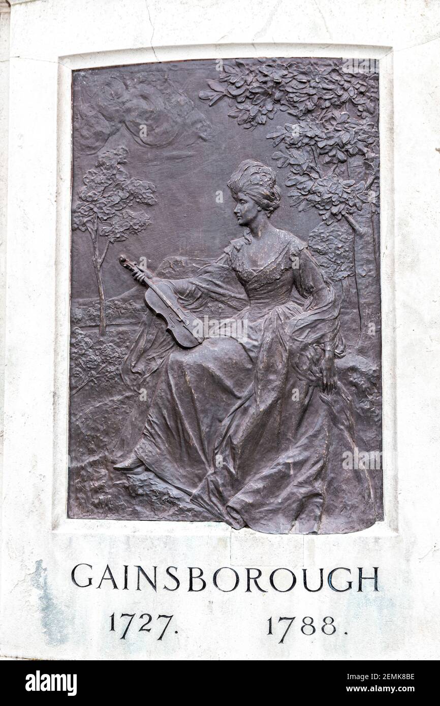 A relief on the statue in the Market Square, Sudbury Suffolk UK of the famous artist Thomas Gainsborough (1727 - 1788) - He was born in the town. Stock Photo