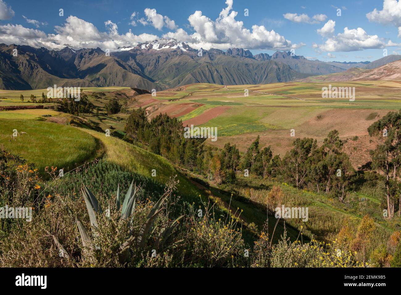 The Andes Mountain Range and farmland in the Urubamba Province of Peru, South America. Stock Photo