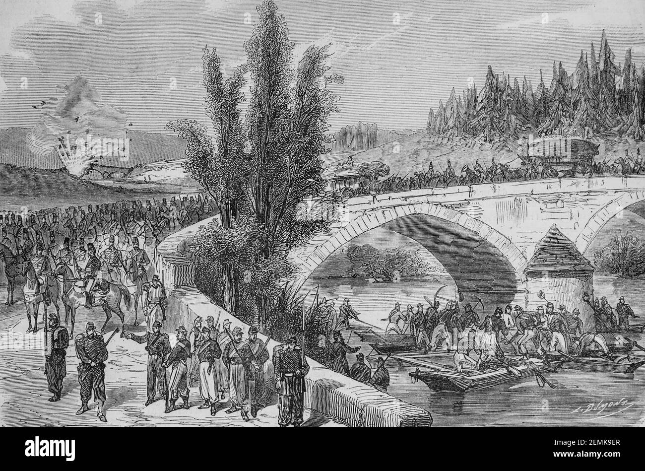 troupes françaises se preparant a faire sauter un pont sur la moselle, l'univers illustre,editeur michel levy 1870 Stock Photo