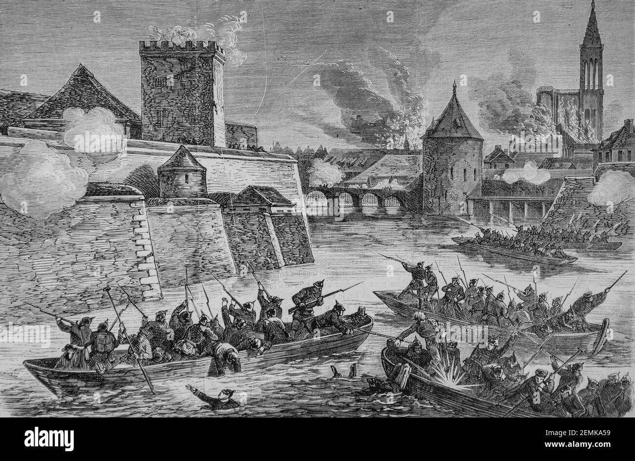 strasbourg,les defenseurs de la place detruisant un corps prussien au port des pecheurs, l'univers illustre,editeur michel levy 1870 Stock Photo