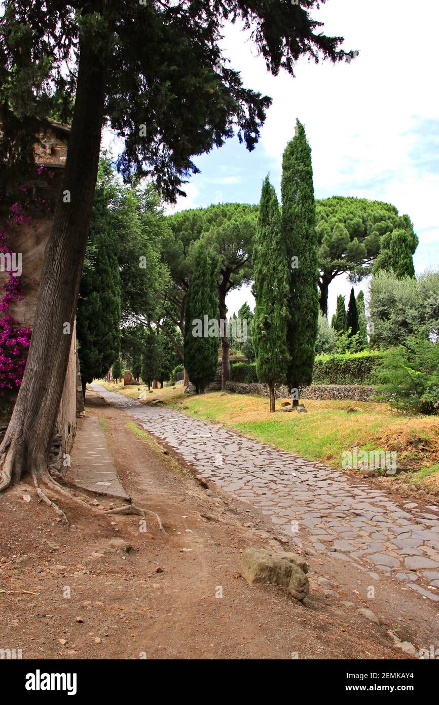 The famous historic Via Appia Antica, the Appian Way in Rome, Italy Stock Photo