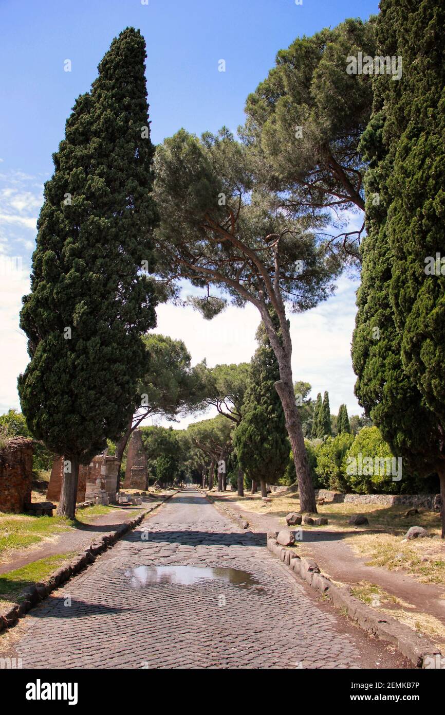 The famous historic Via Appia Antica, the Appian Way in Rome, Italy Stock Photo