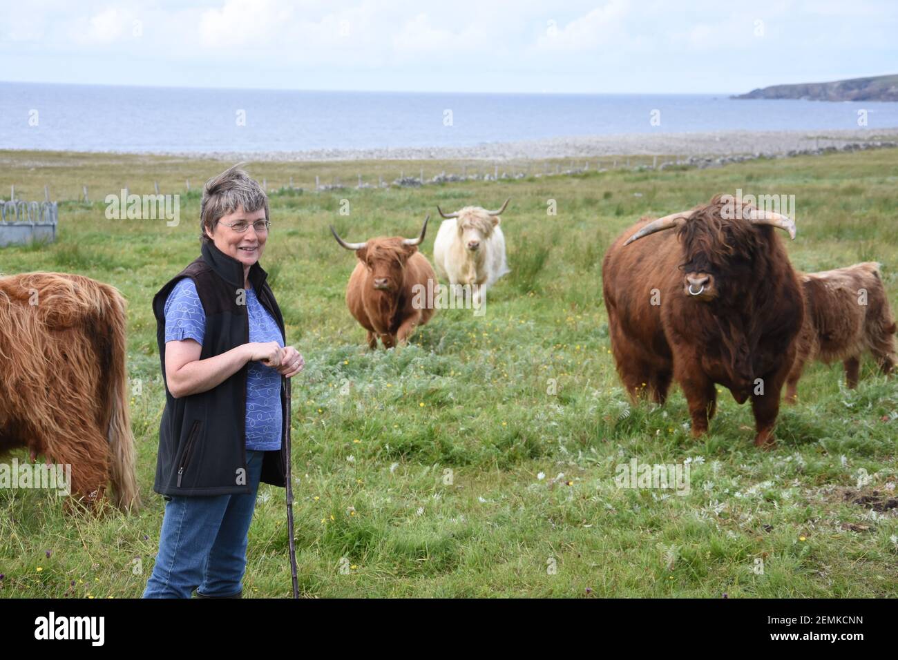 Female Farmer Lesley Matheson and her Highland Cattle, Brue, Western Isles, Scotland, UK Stock Photo