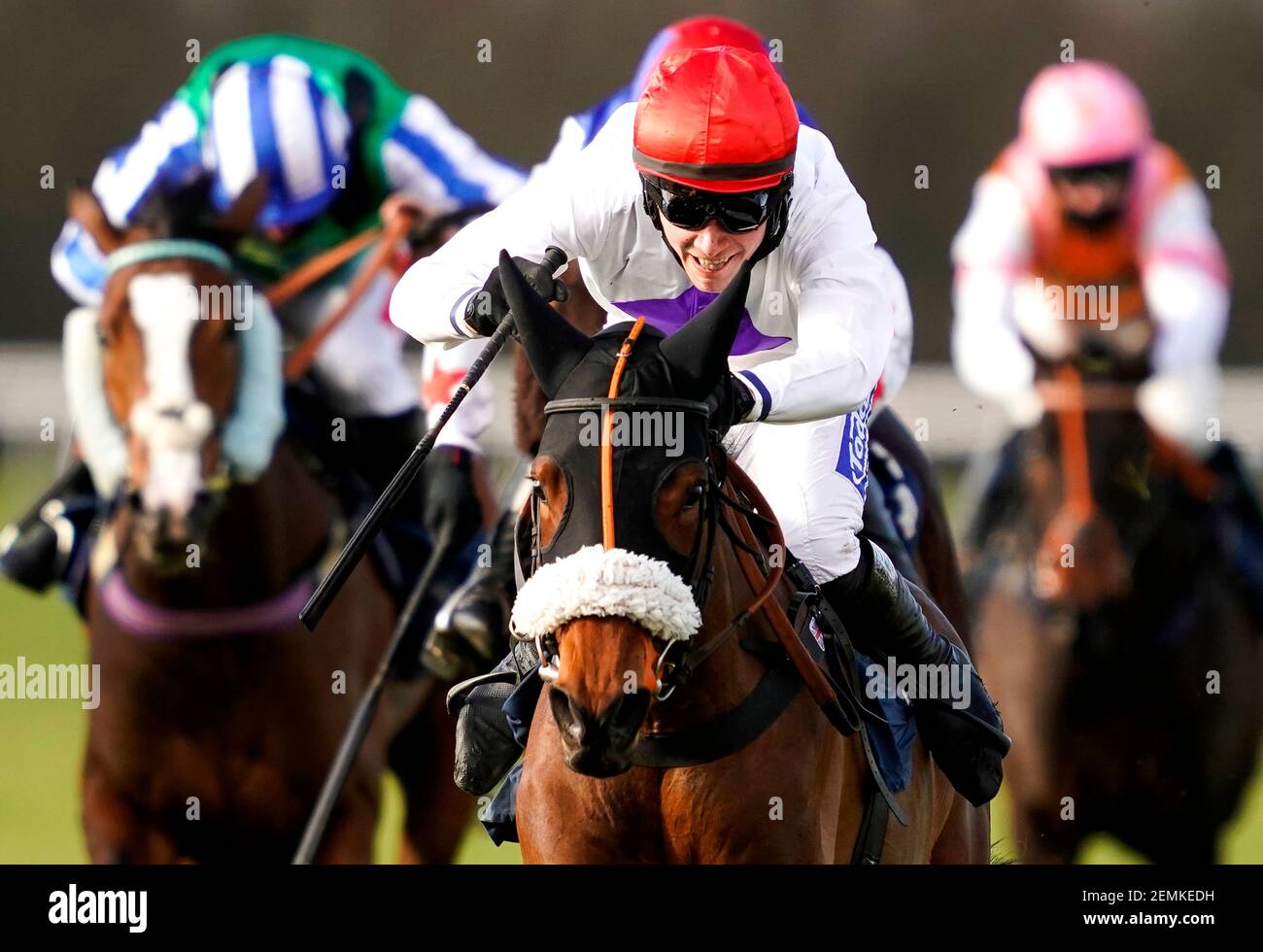 Malina Ocarina ridden by Charlie Todd (centre) on their way to winning the MansionBet's Faller Insurance Handicap Hurdle at Huntingdon Racecourse. Picture date: Thursday February 25, 2021. Stock Photo