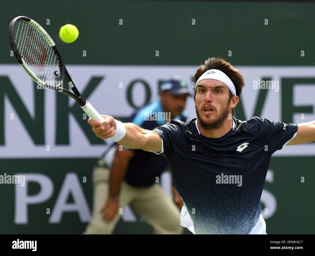 Mar 9, 2019; Indian Wells, CA, USA; Leonardo Mayer (ARG) during his second  round match against (not pictured) in the BNP Paribas Open at the Indian  Wells Tennis Garden. Mandatory Credit: Jayne