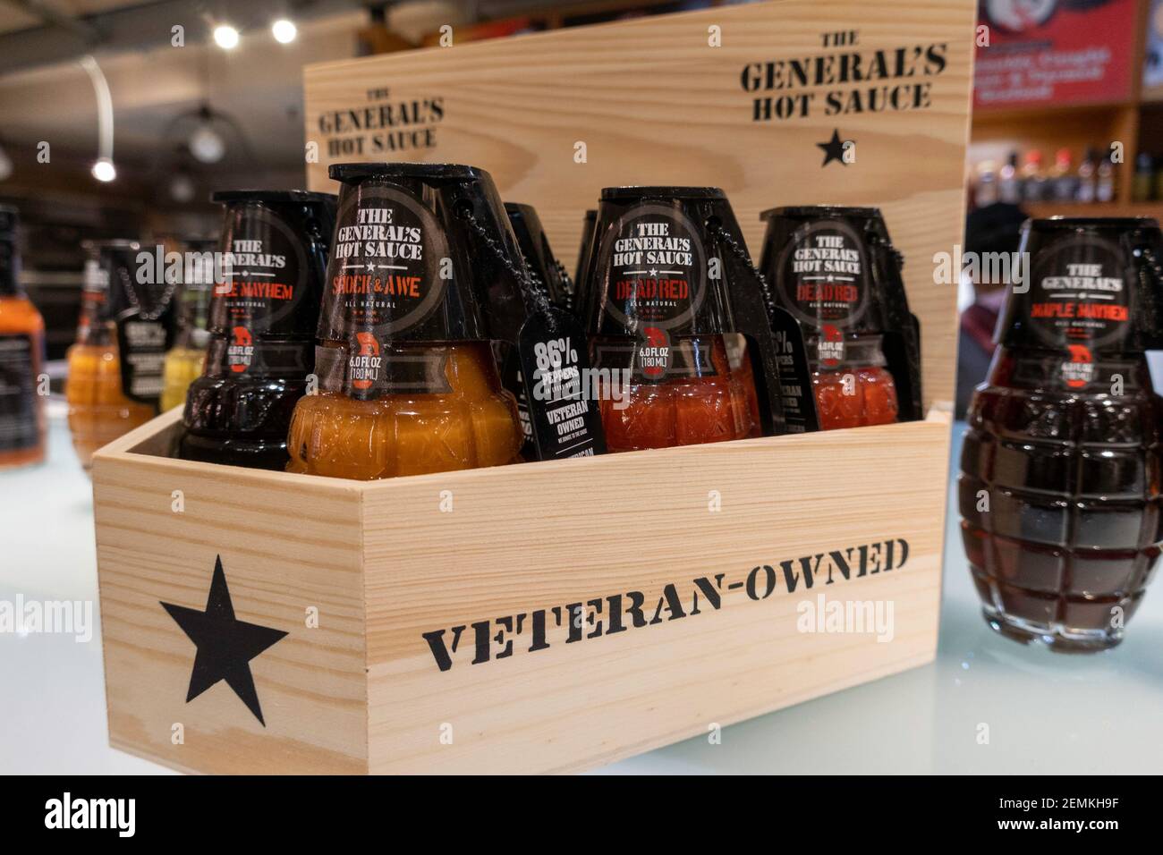 The General's Hot Sauce is American-made and for sale in Grand Central Market gourmet shopping destination , NYC, USA Stock Photo