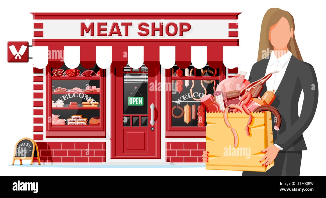 Butcher shop store facade with woman cutomer. Meat street market. Meat store stall showcase counter. Sausage slices delicatessen gastronomic product of beef pork chicken. Flat vector illustration Stock Vector