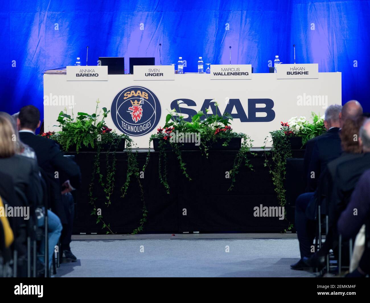 LINKÖPING, SWEDEN- 14 APRIL 2016:Saab AB held an Annual General Meeting for shareholders in Saab's hangar, Tannefors. Stock Photo
