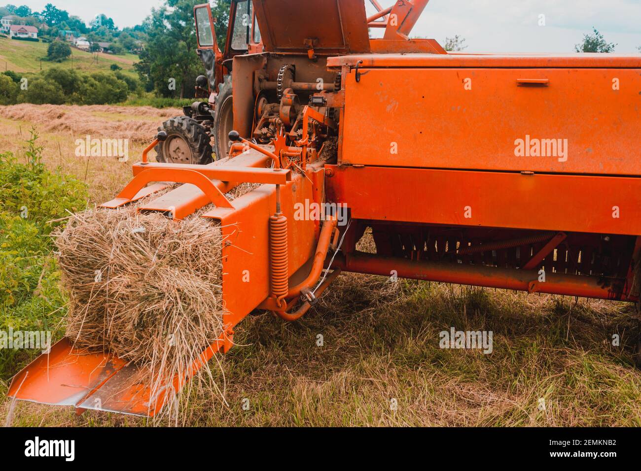 The process of harvesting hay for cattle, a tractor making bales in the