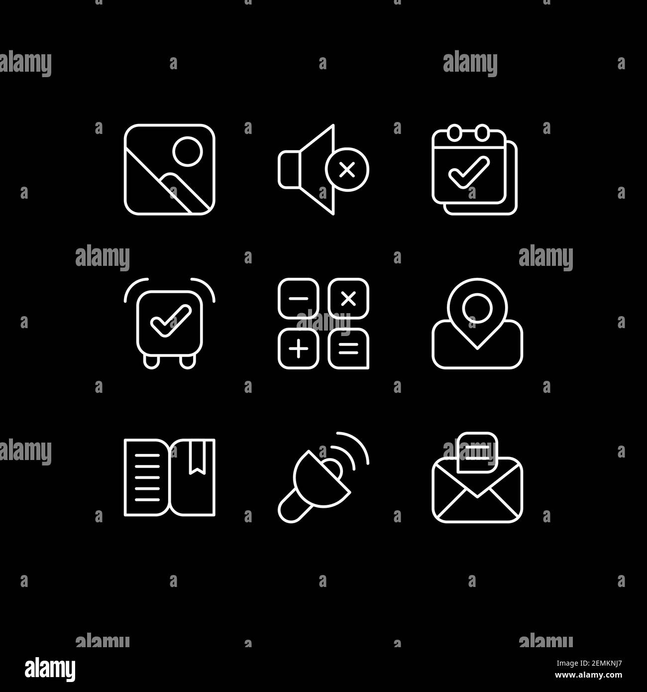 Smartphone interface white linear icons set for dark theme Stock Vector