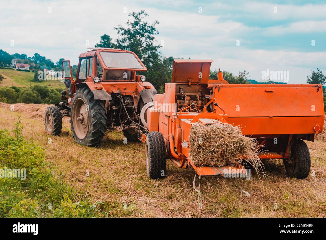 The process of harvesting hay for cattle, a tractor making bales in the field, old machinery