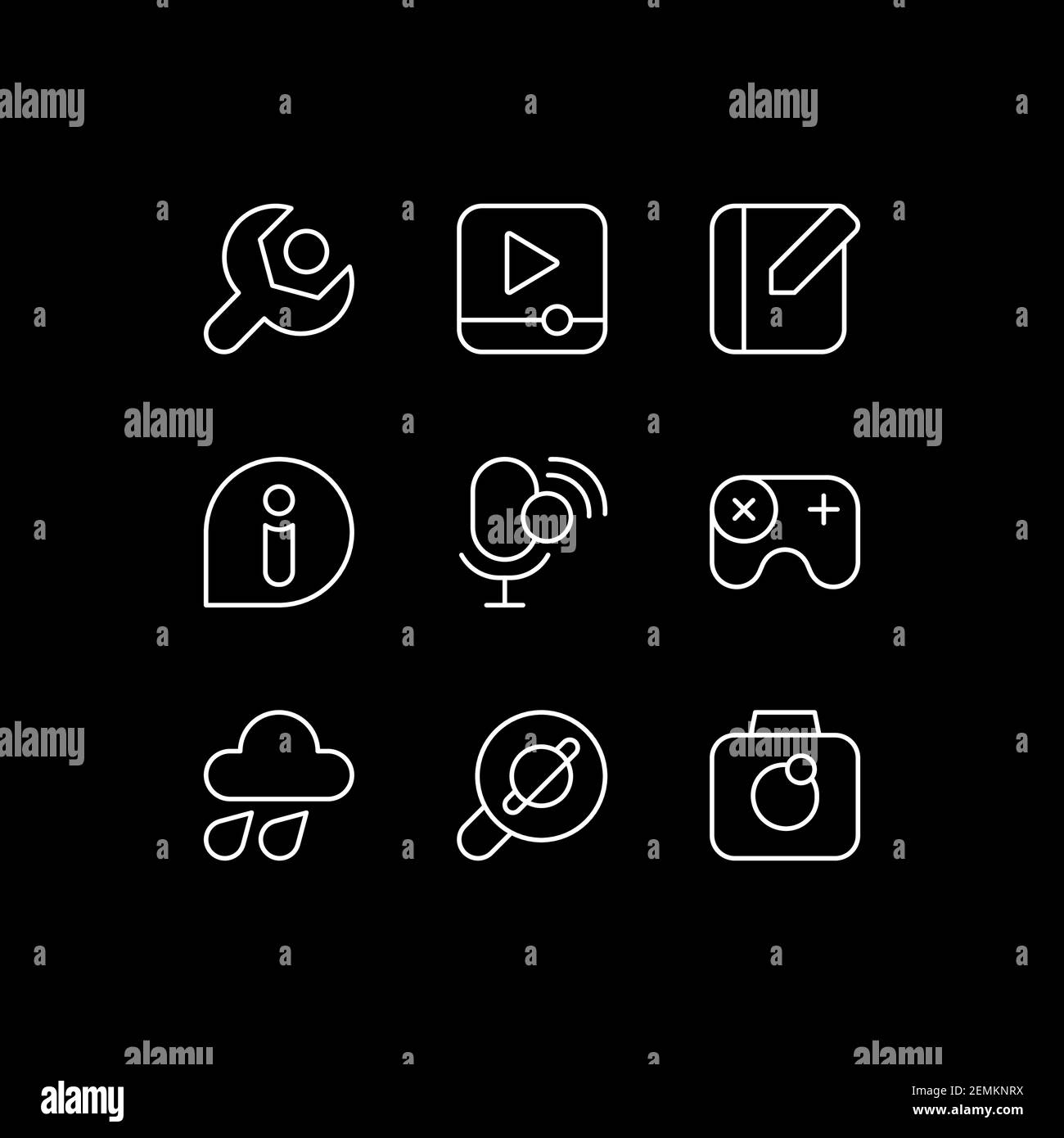 Smartphone interface white linear icons set for dark theme Stock Vector ...