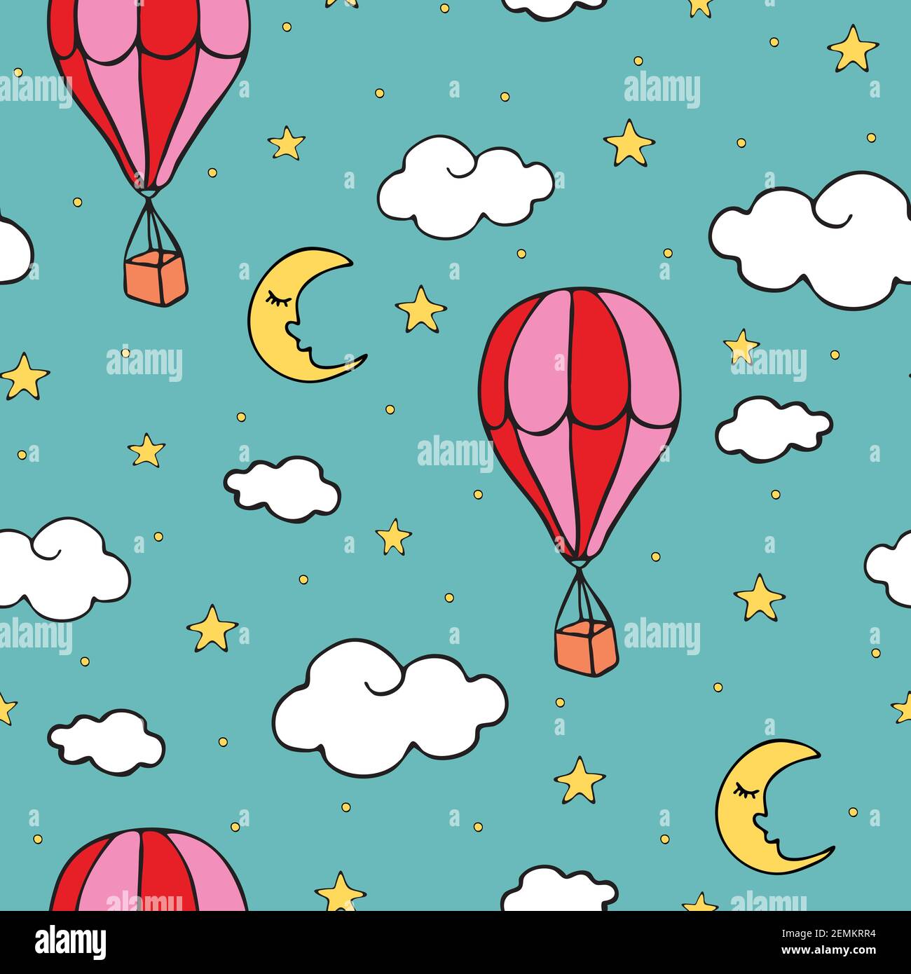 Seamless vector pattern with air balloons on light blue background. Repeat wallpaper design with hot balloons in sky. Stock Vector