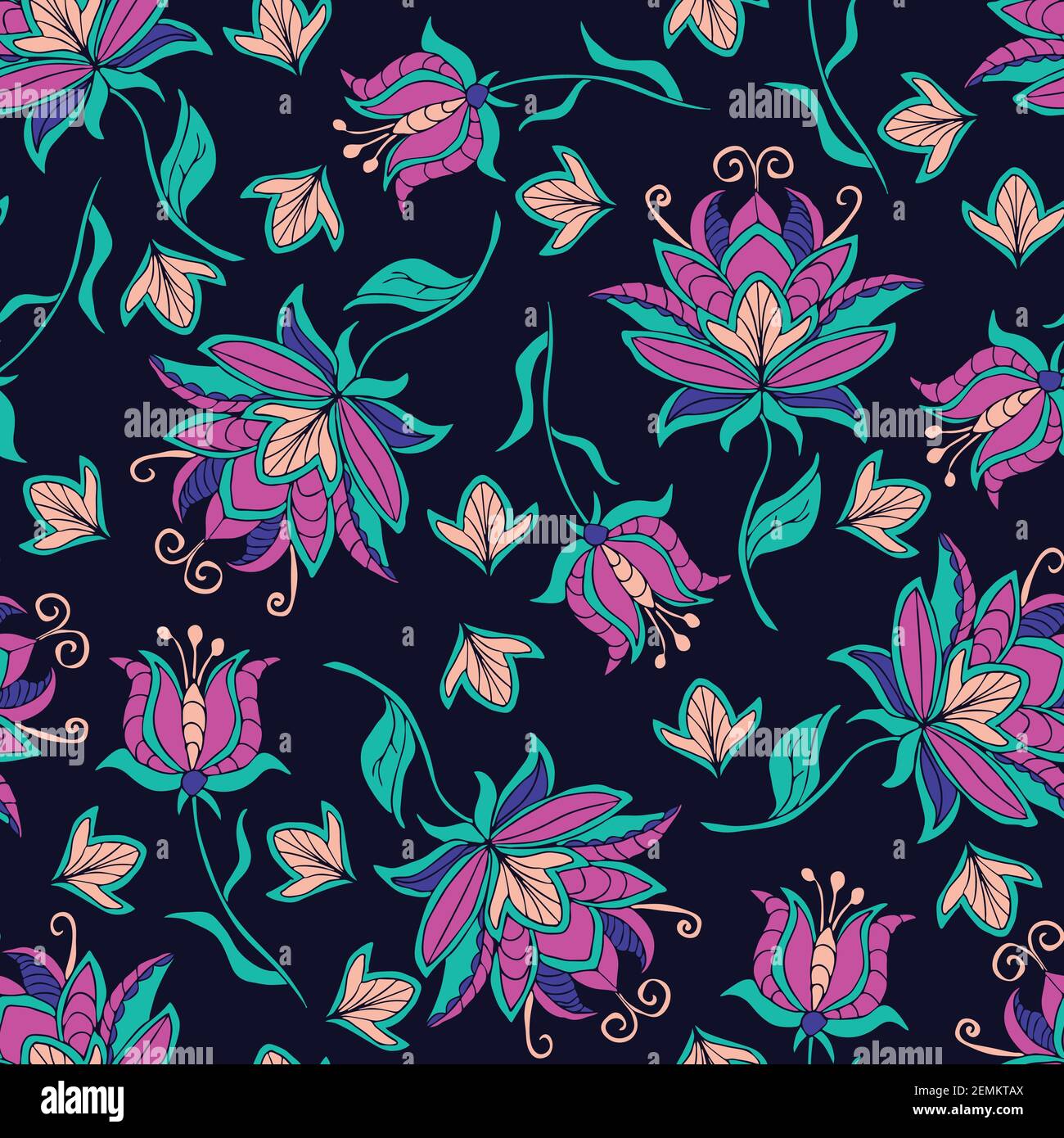 Seamless vector pattern with neon glow flower on blue background. Romantic vintage floral wallpaper design with bright colours. Tropical lily fashion Stock Vector