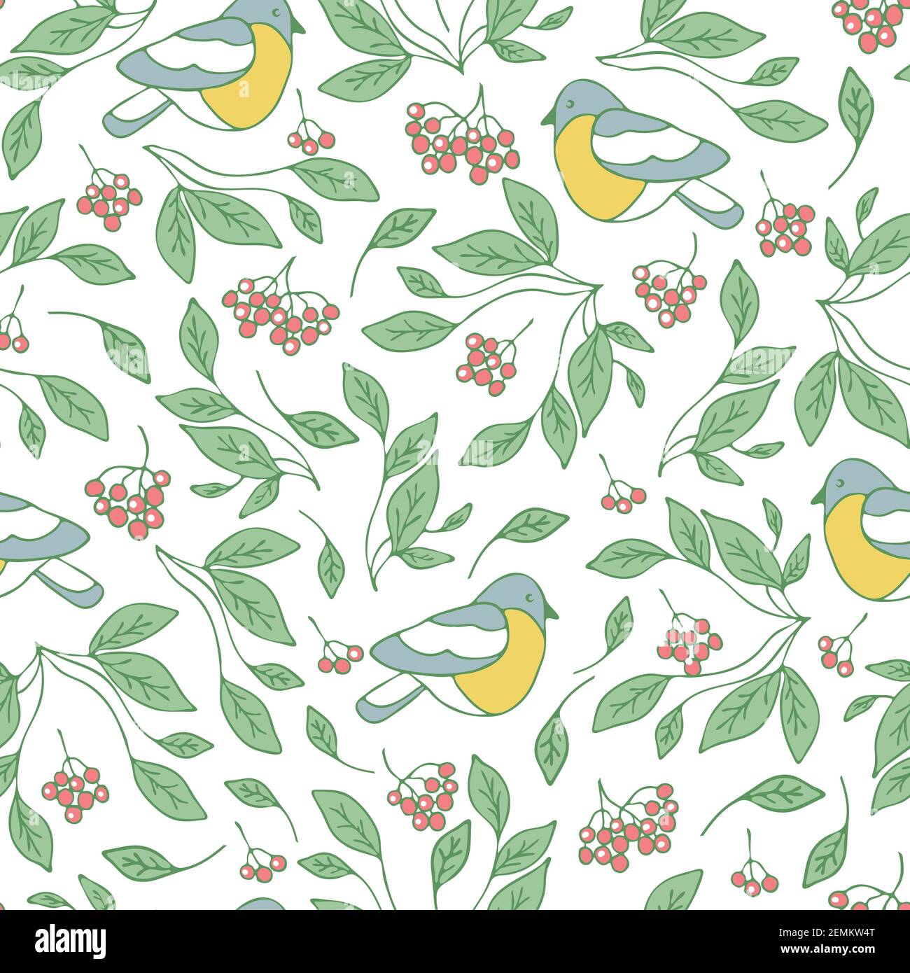 Seamless vector pattern with birds, leaves and berries on white ...