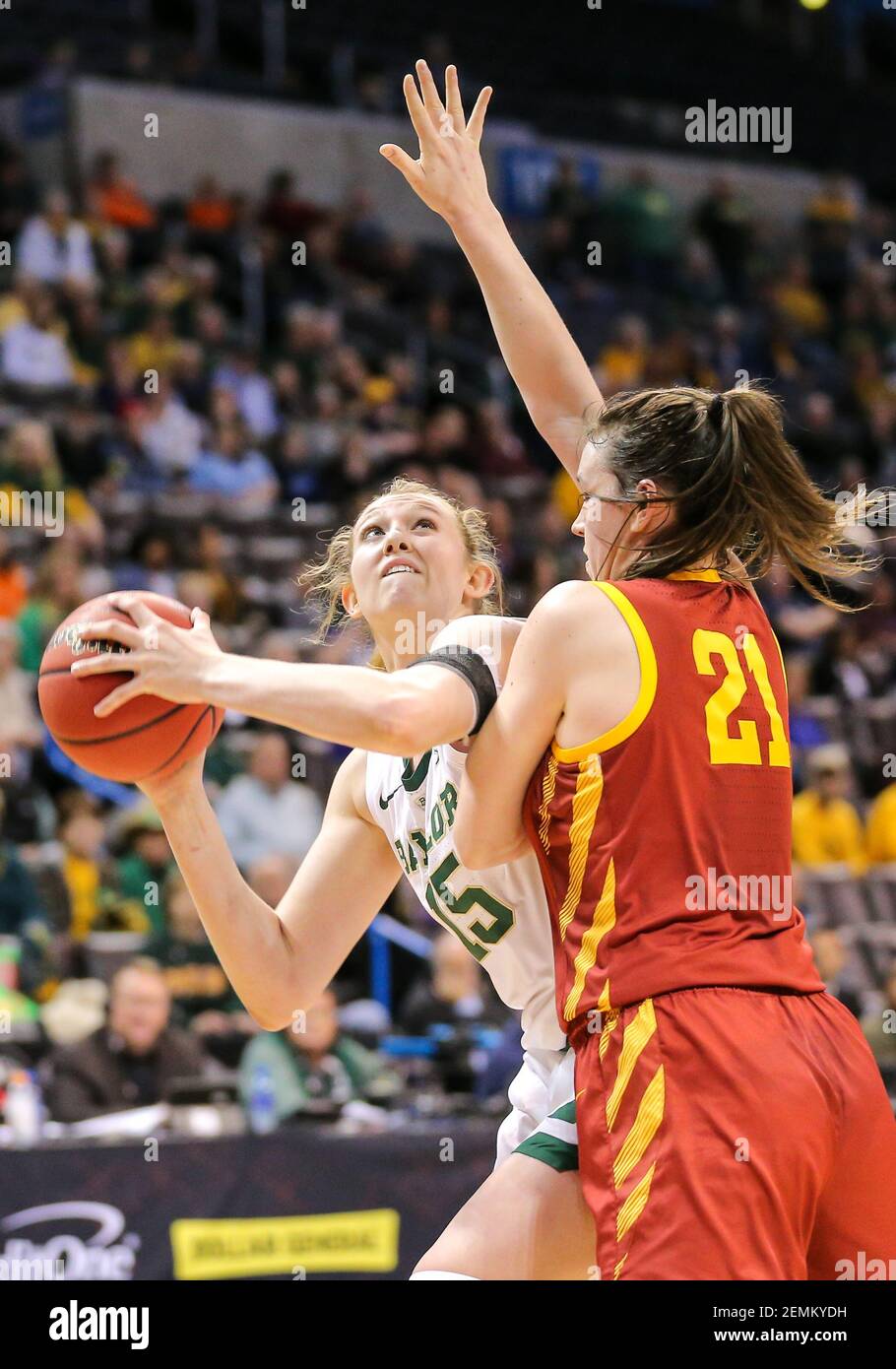 March 11, 2019: Baylor Forward Lauren Cox (15) is defended by Iowa State Guard Bridget Carleton (21) during the Phillips 66 Big 12 Womens Basketball Championship Final game between the Baylor Lady Bears and the Iowa State Cyclones at Chesapeake Energy Arena in Oklahoma City, OK. Gray Siegel/(Photo by Gray Siegel/CSM/Sipa USA) Stock Photo