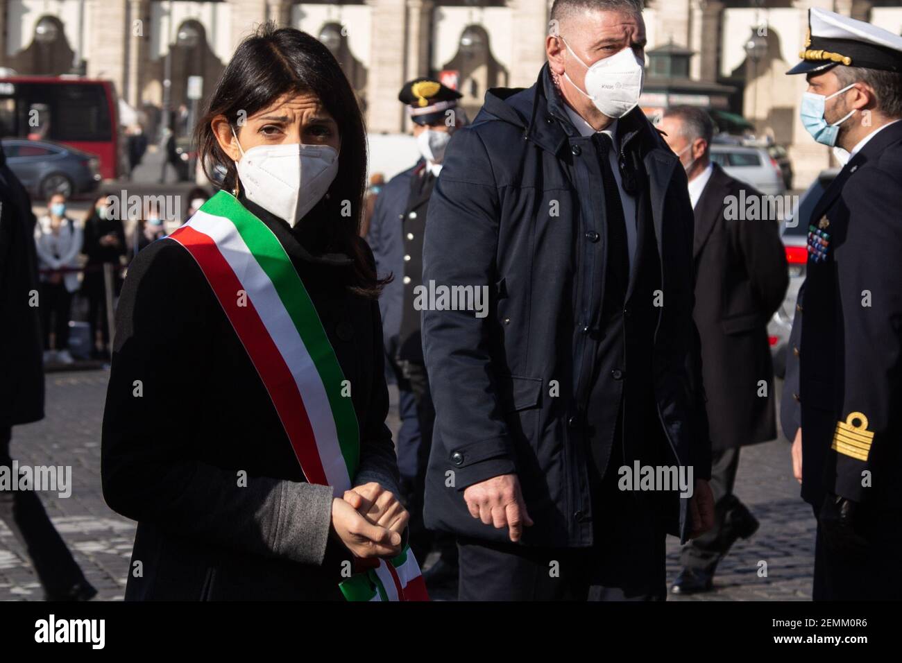 Rome, Italy. 25th Feb, 2021. Mayor of Rome Virginia Raggi before the funeral of Luca Attanasio and Vittorio Iacovacci in Rome, Italy on February 25, 2021. (Photo by Matteo Nardone/Pacific Press/Sipa USA) Credit: Sipa USA/Alamy Live News Stock Photo