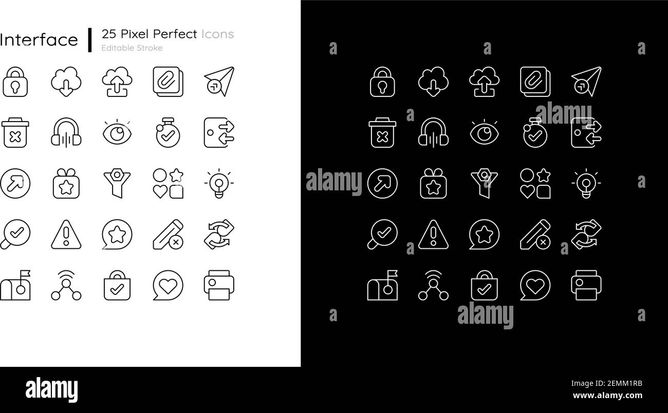Smartphone interface elements white linear icons set for dark and light ...