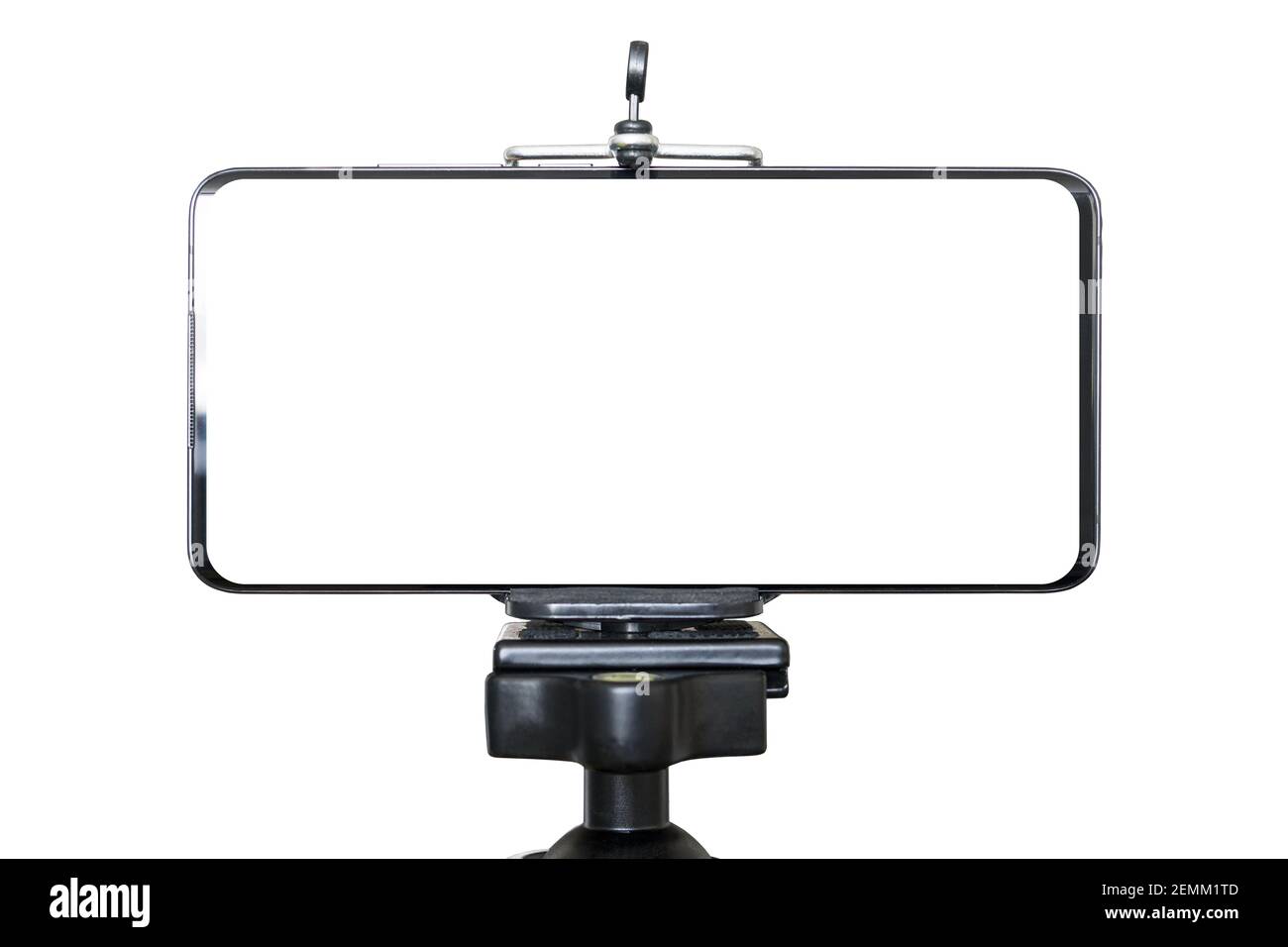 Mobile Phone isolated on tripod in white background, blank screen for text and design Stock Photo
