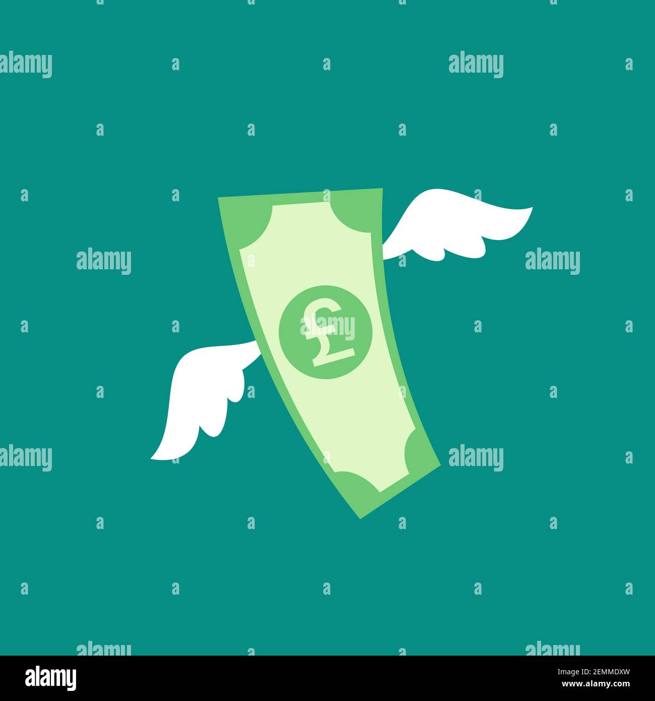 pound banknote with white wings. Flat blue background. Flying money