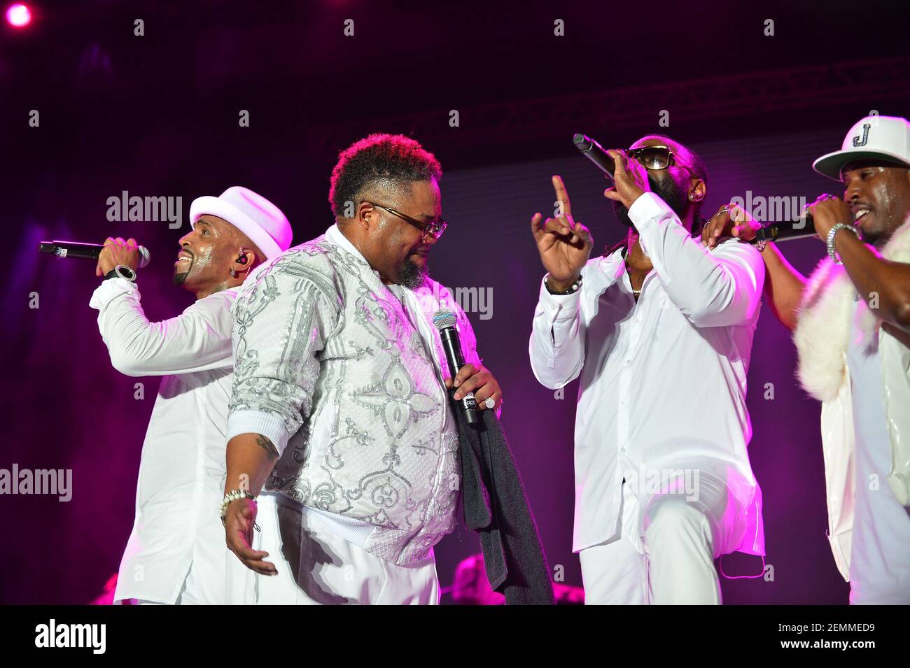 Teddy Riley and Dave Hollister, Chauncey Black of Blackstreet performs during the 14th Annual Jazz in the Gardens Music Festival Day 1 at Hard Rock Stadium on March 9, 2019 in Miami Gardens, Florida Stock Photo
