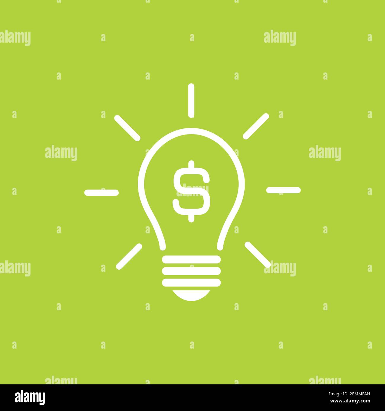 White silhouette of bulb with rays and dollar sign. Flat icon. Isolated ...
