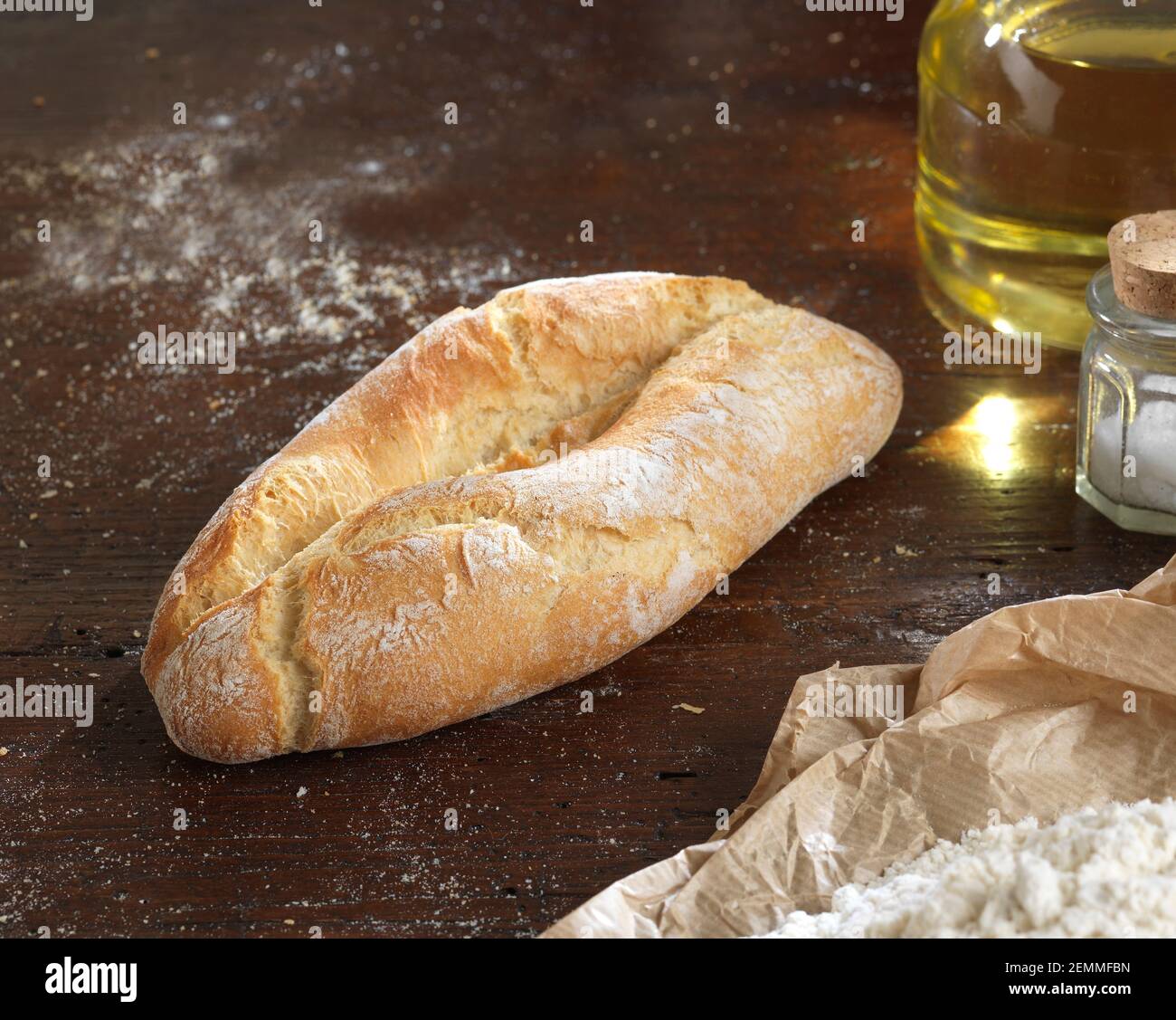 bread on a rustic wooden countertop Stock Photo