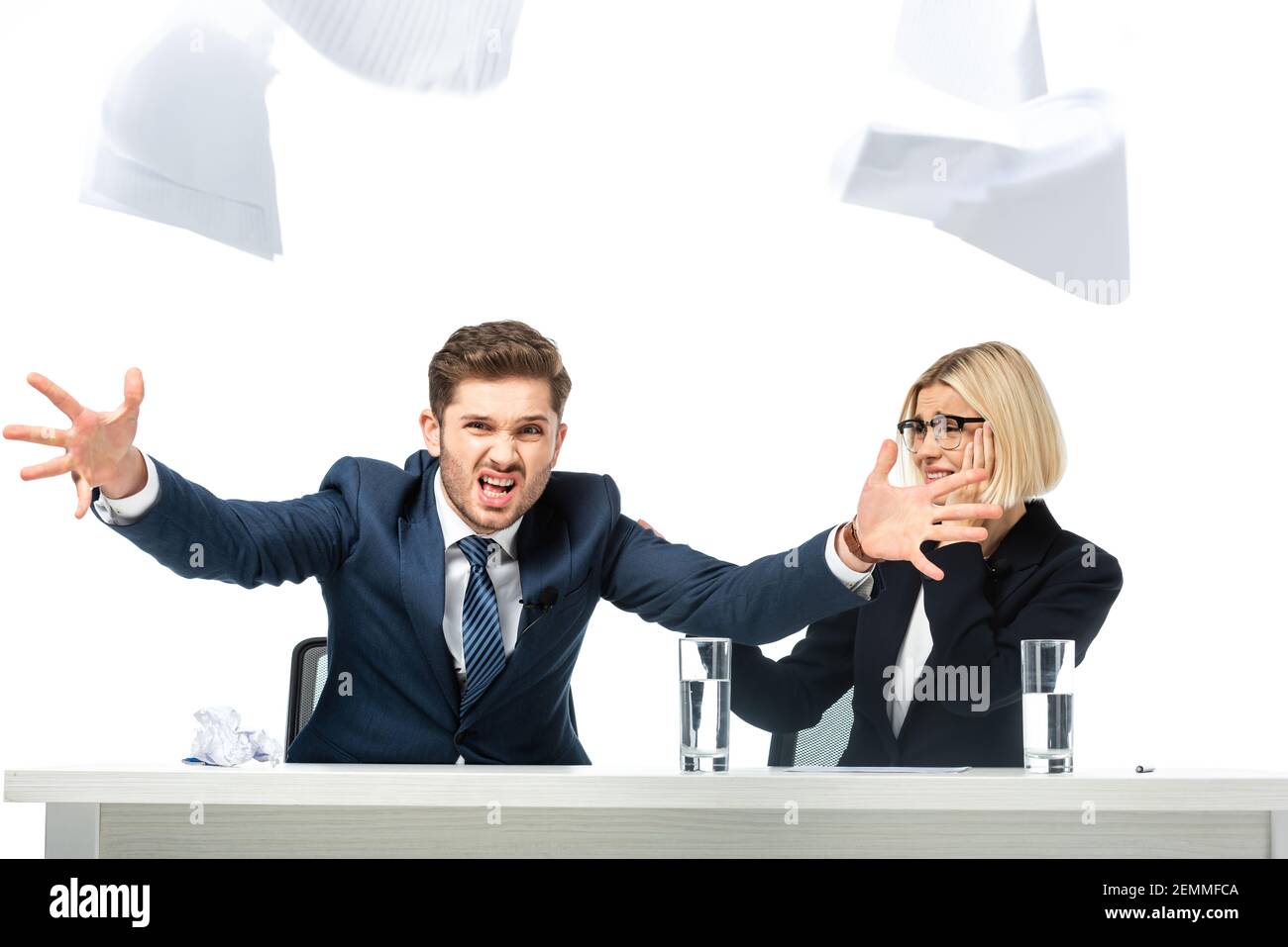 angry news anchor throwing papers near tense colleague isolated on
