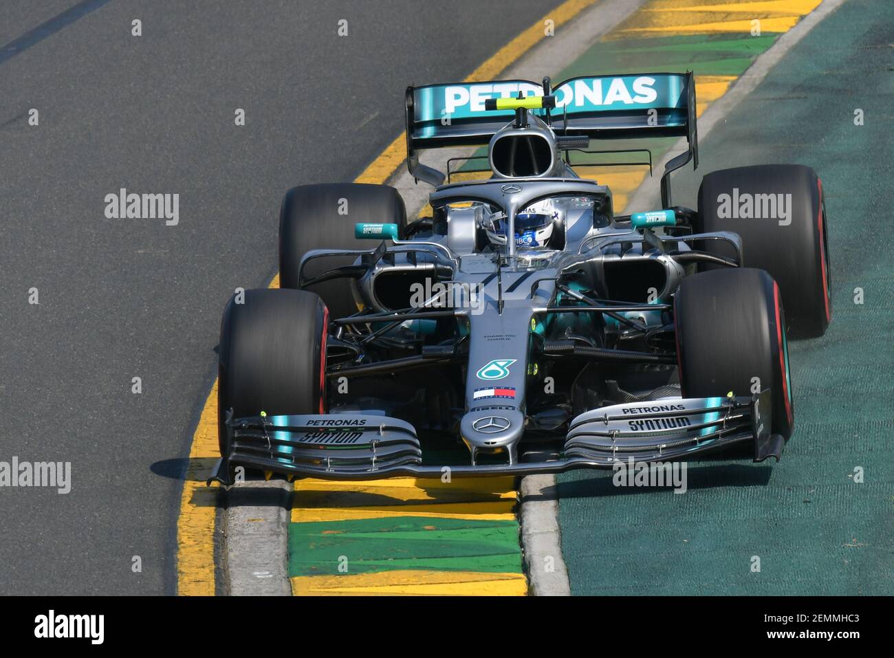 Valtteri Bottas (FIN) #77 from the Mercedes AMG Petronas Motorsport team rounds turn 2 during practice session three at the 2019 Australian Formula One Grand Prix at Albert Park, Melbourne, Australia Stock Photo